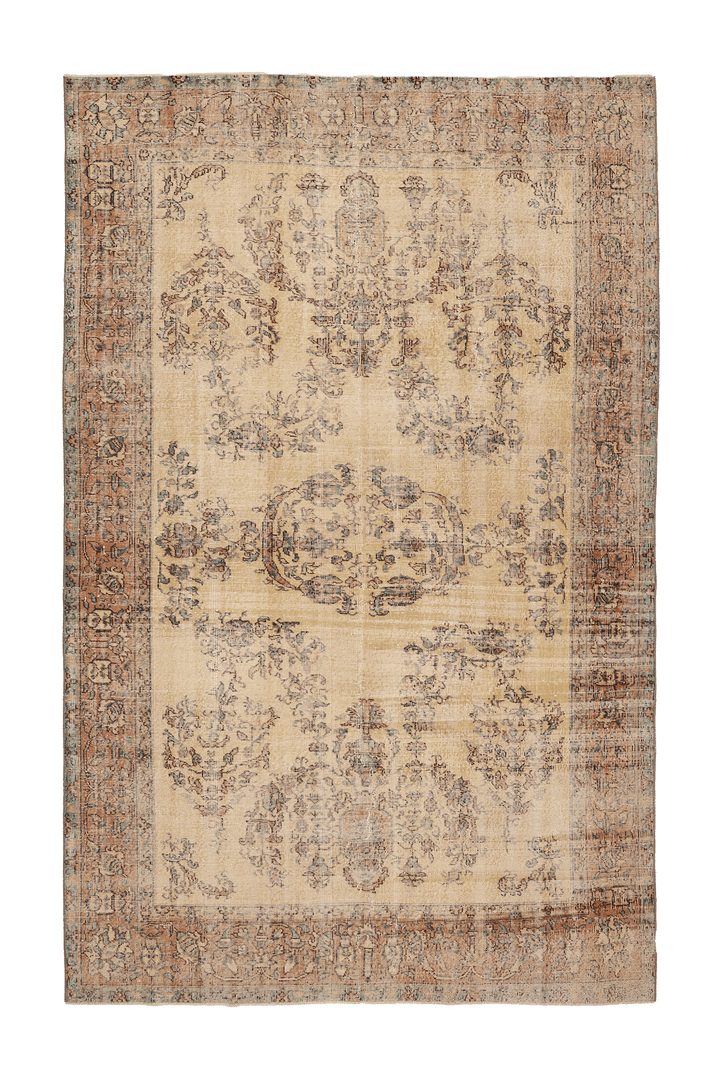 Vintage Isparta Turkish Area Rug 7x10 ft — Beige & Brown Floral