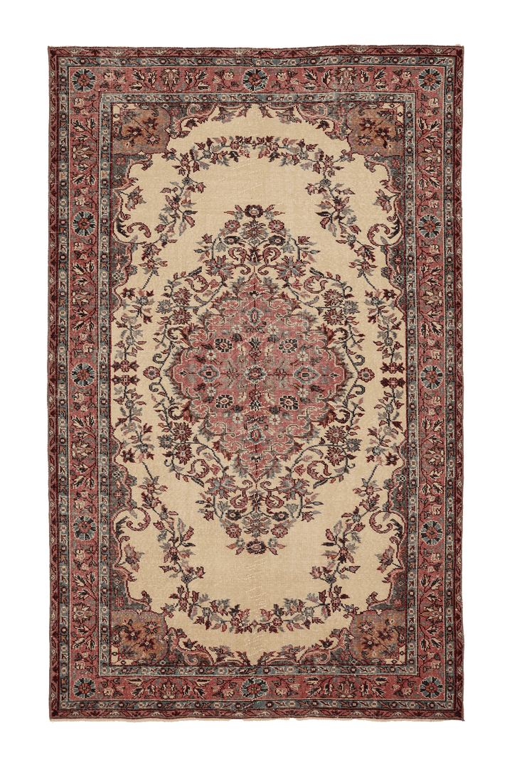 Vintage Isparta Turkish Area Rug 6x10 ft — Beige & Red Floral