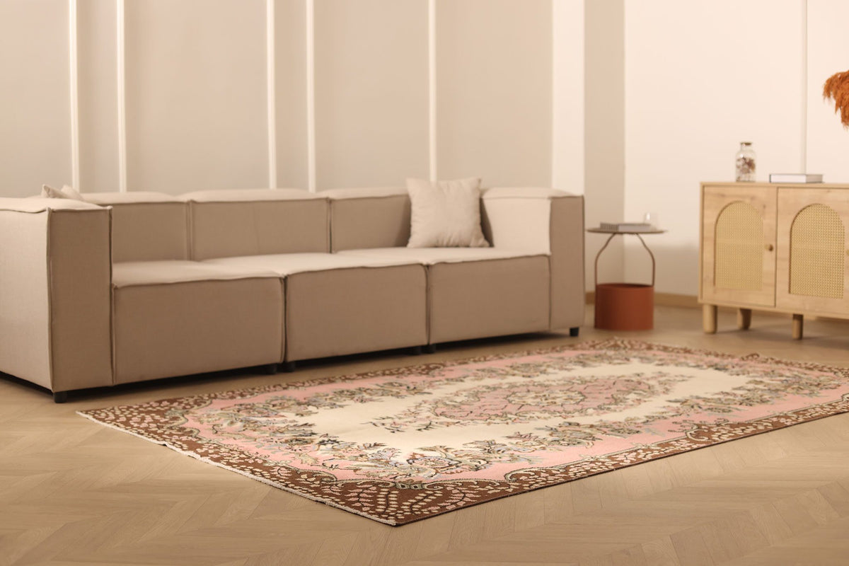 Vintage Isparta Turkish Area Rug 6x9 ft — Beige & Pink Floral