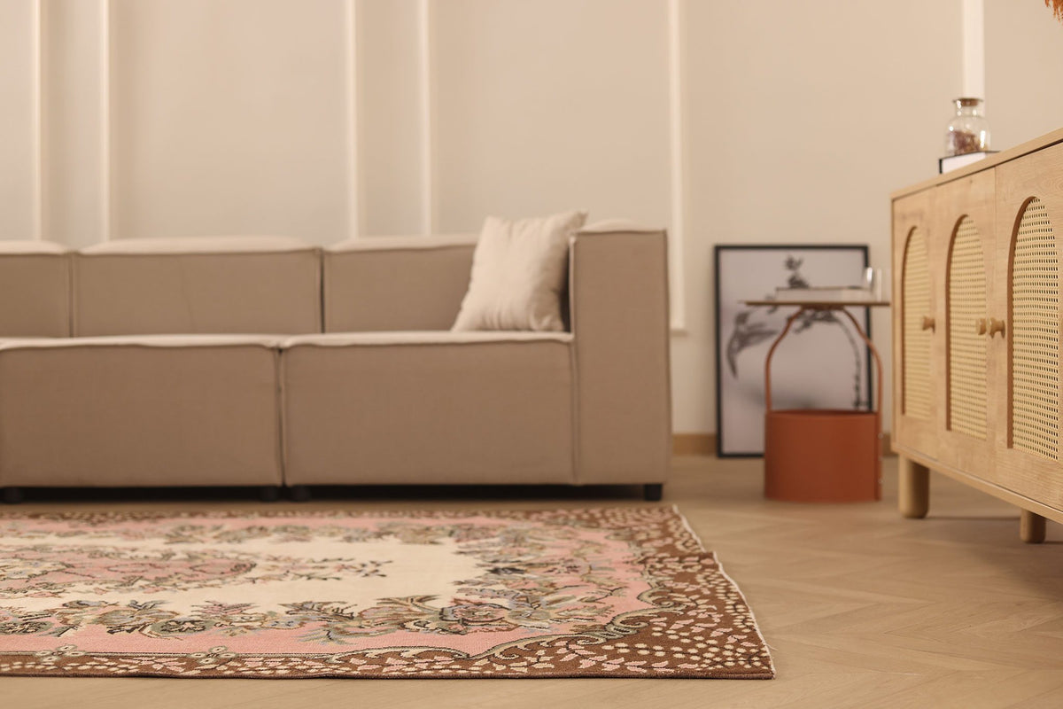 Vintage Isparta Turkish Area Rug 6x9 ft — Beige & Pink Floral
