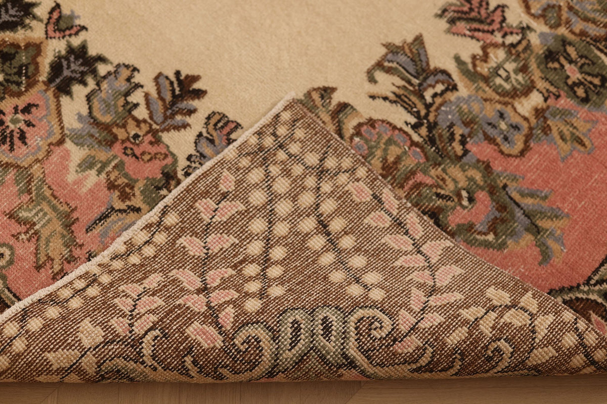 Vintage Isparta Turkish Area Rug 6x9 ft — Beige & Pink Floral