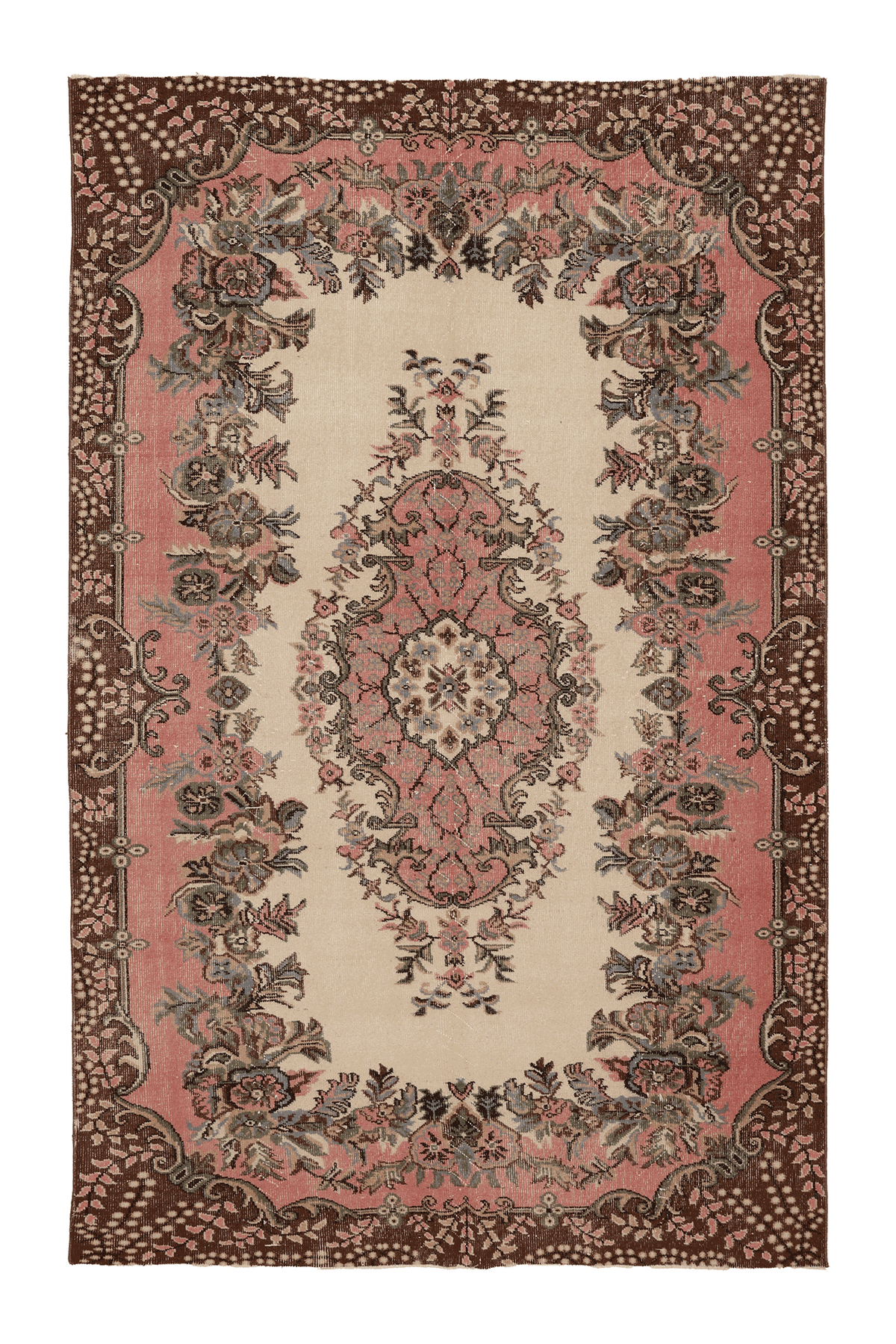 Vintage Isparta Turkish Area Rug 6x9 ft — Beige & Pink Floral