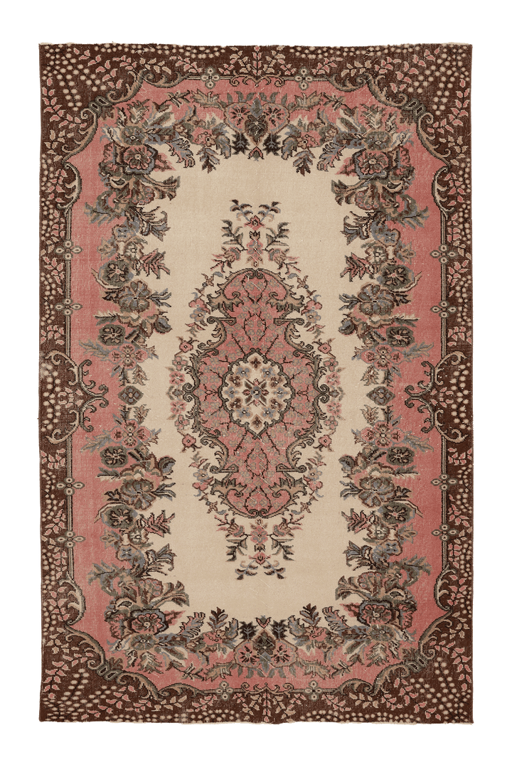 Vintage Isparta Turkish Area Rug 6x9 ft — Beige & Pink Floral