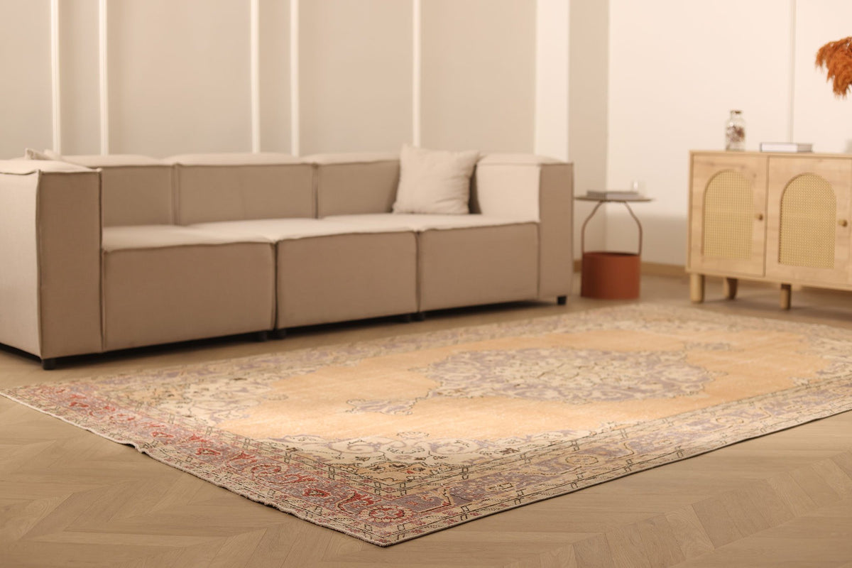 Vintage Isparta Turkish Area Rug 7x11 ft — Orange & Beige Floral