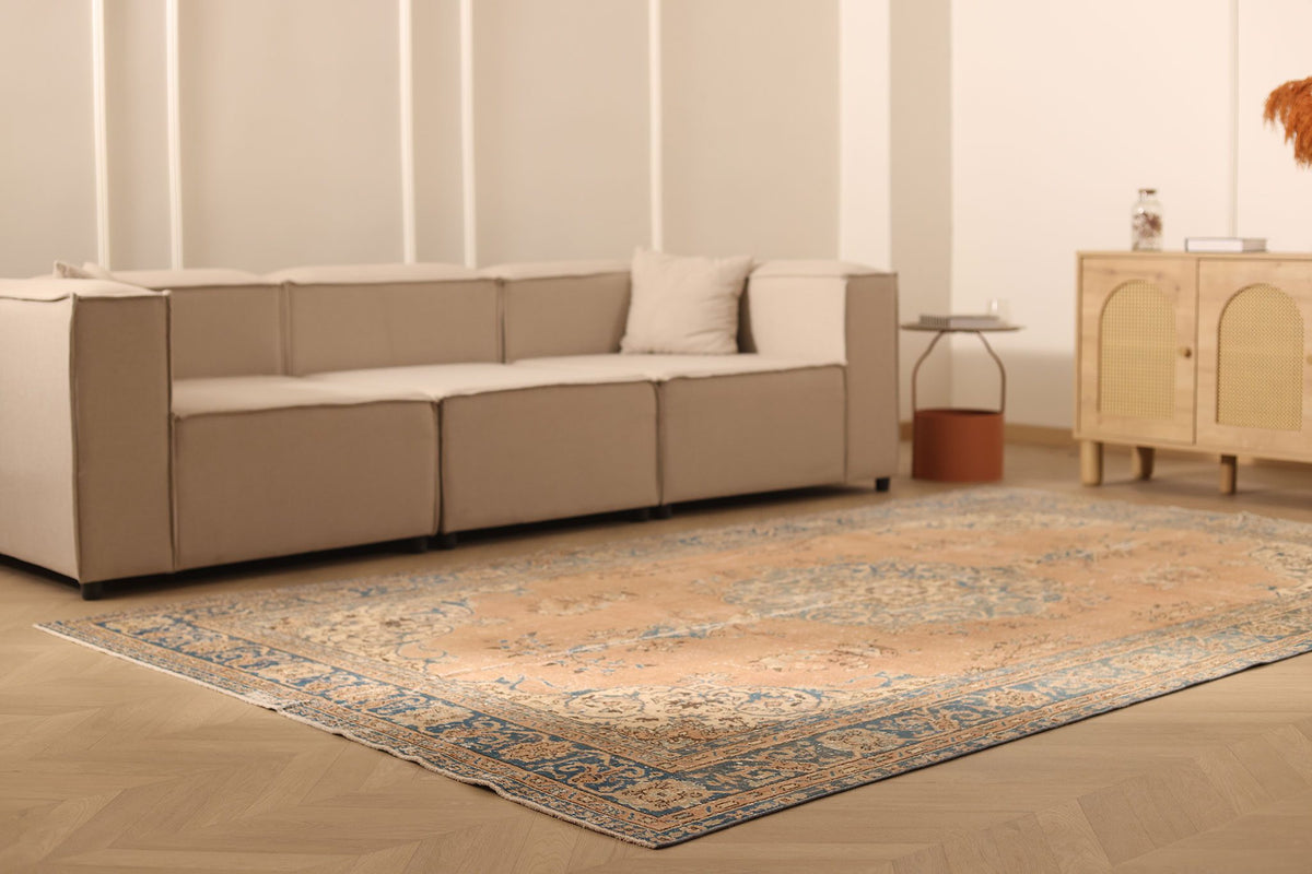 Vintage Isparta Turkish Area Rug 7x10 ft — Orange & Blue Floral