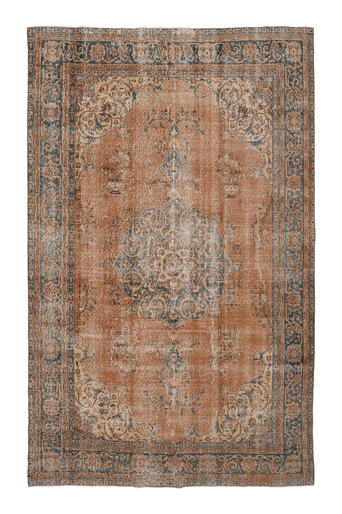 Vintage Isparta Turkish Area Rug 7x10 ft — Orange & Blue Floral