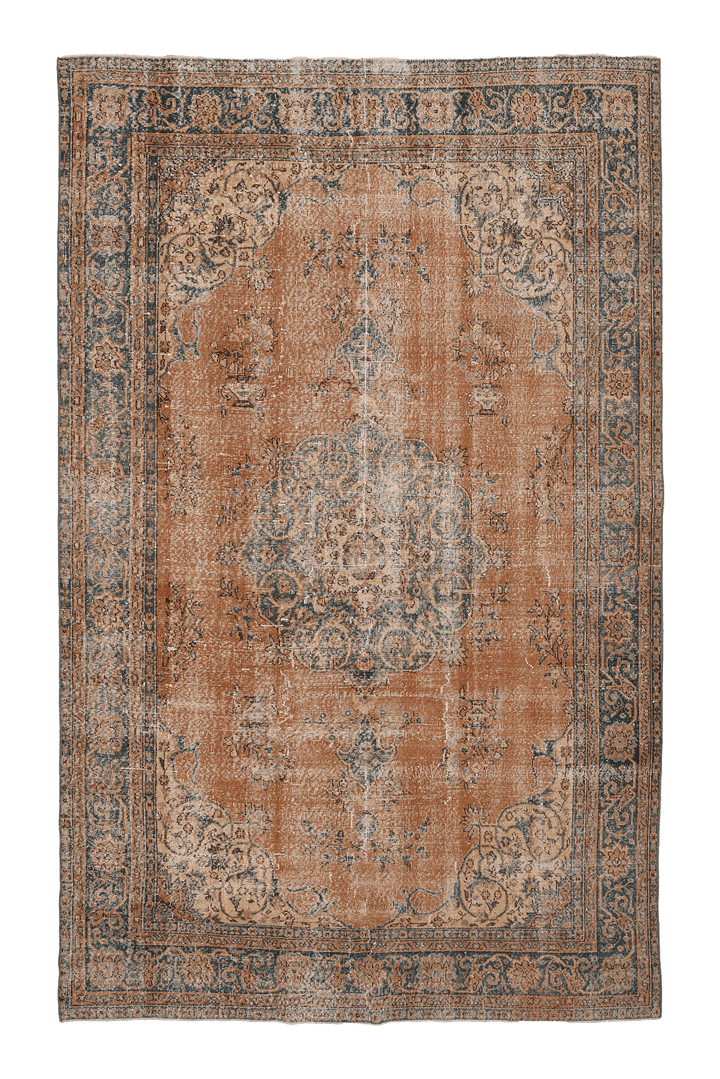 Vintage Isparta Turkish Area Rug 7x10 ft — Orange & Blue Floral