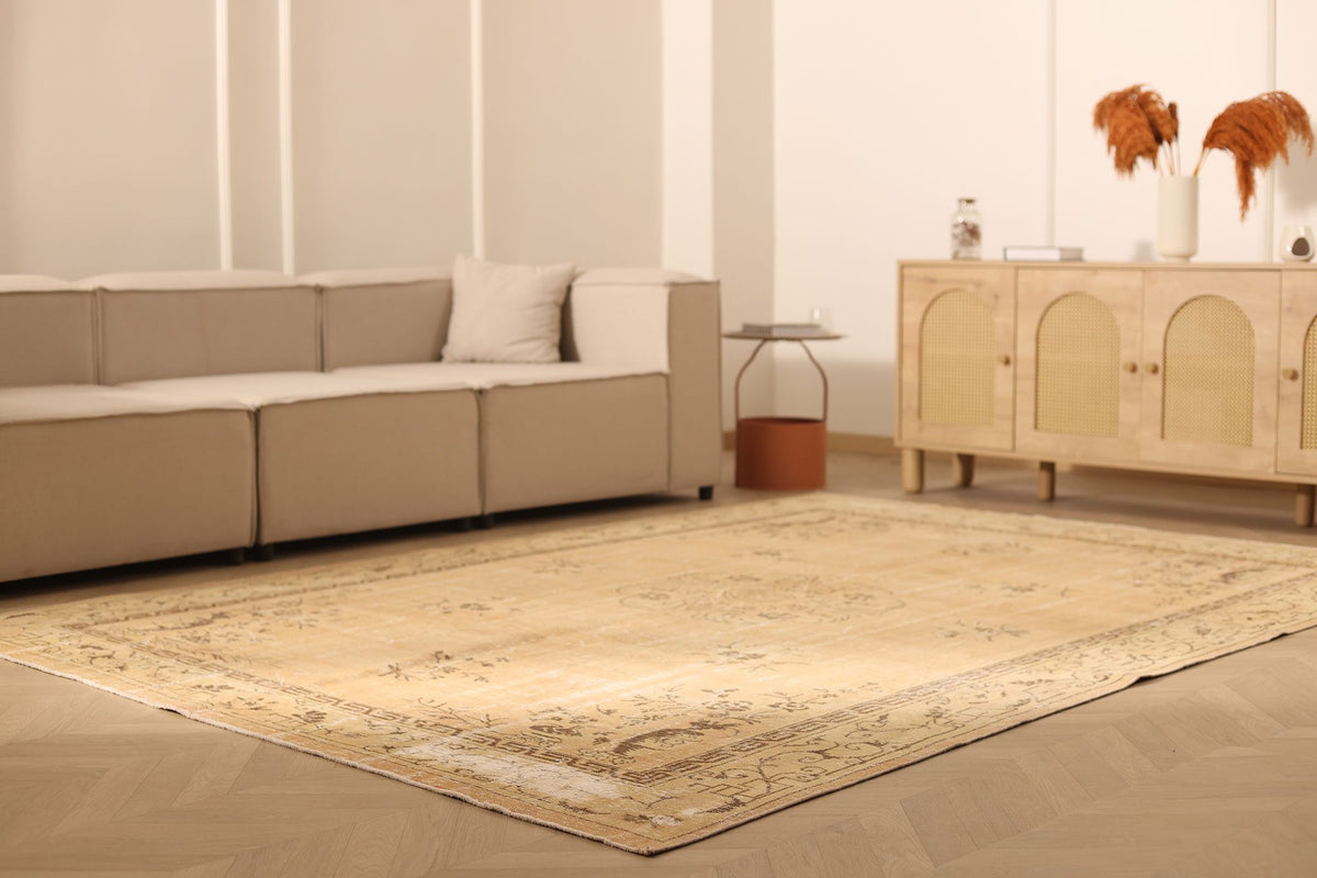 Vintage Isparta Turkish Area Rug 7x10 ft — Beige & Brown Floral
