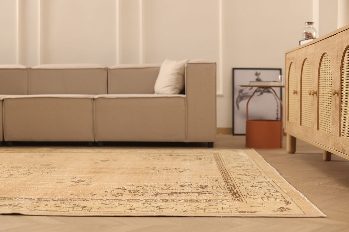 Vintage Isparta Turkish Area Rug 7x10 ft — Beige & Brown Floral