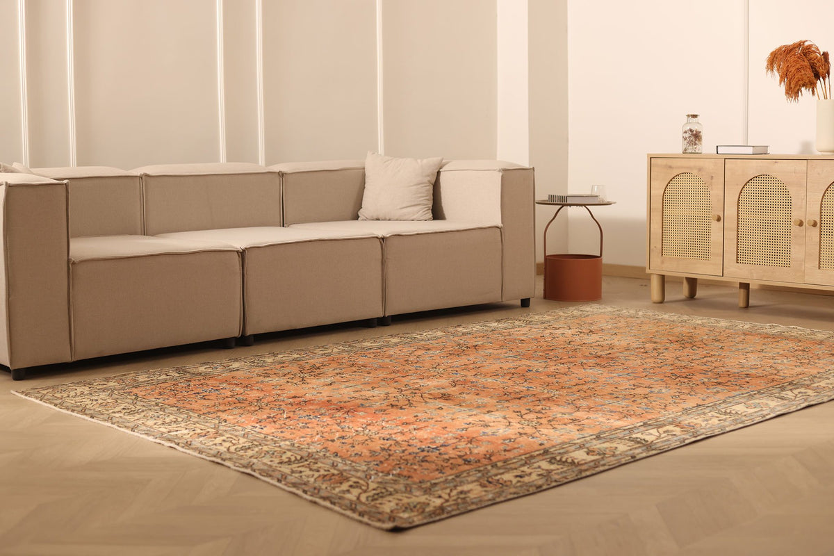 Vintage Isparta Turkish Area Rug 7x10 ft — Orange & Beige Floral