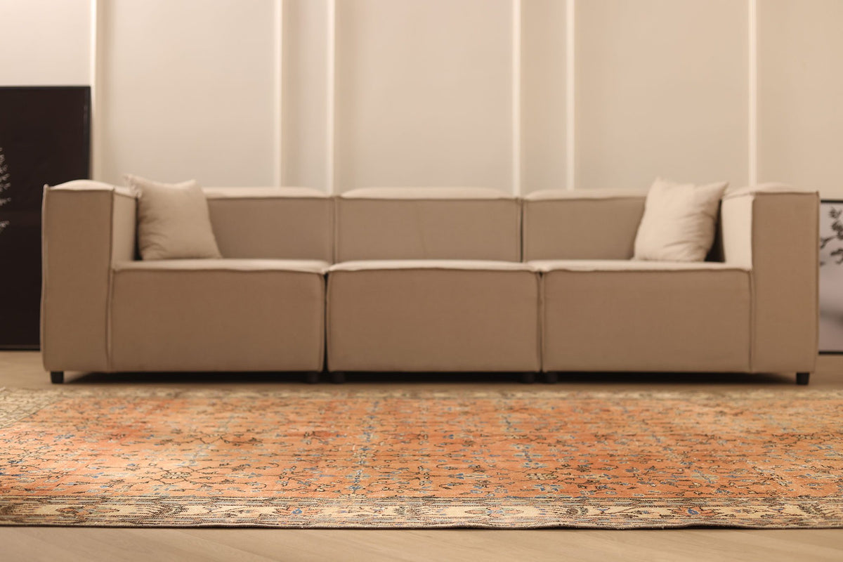 Vintage Isparta Turkish Area Rug 7x10 ft — Orange & Beige Floral