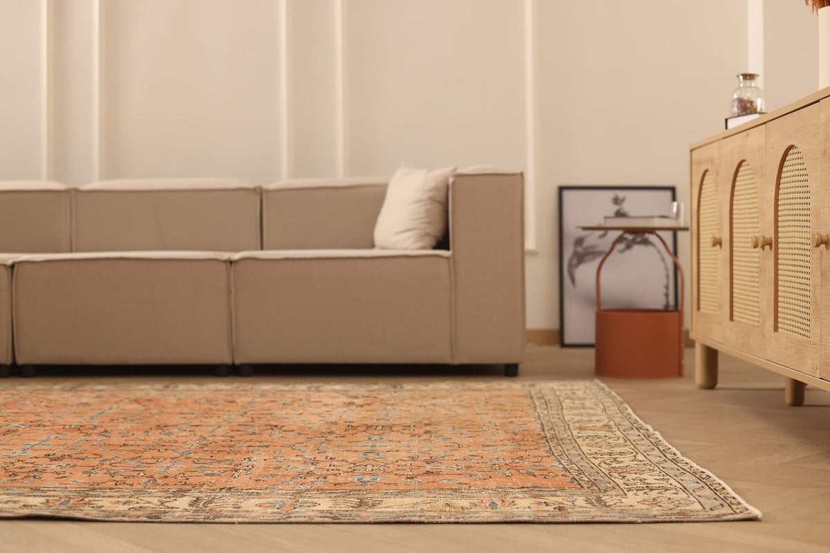 Vintage Isparta Turkish Area Rug 7x10 ft — Orange & Beige Floral