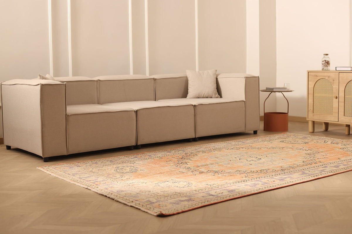 Vintage Manisa Turkish Area Rug 6x10 ft — Orange & Beige Floral