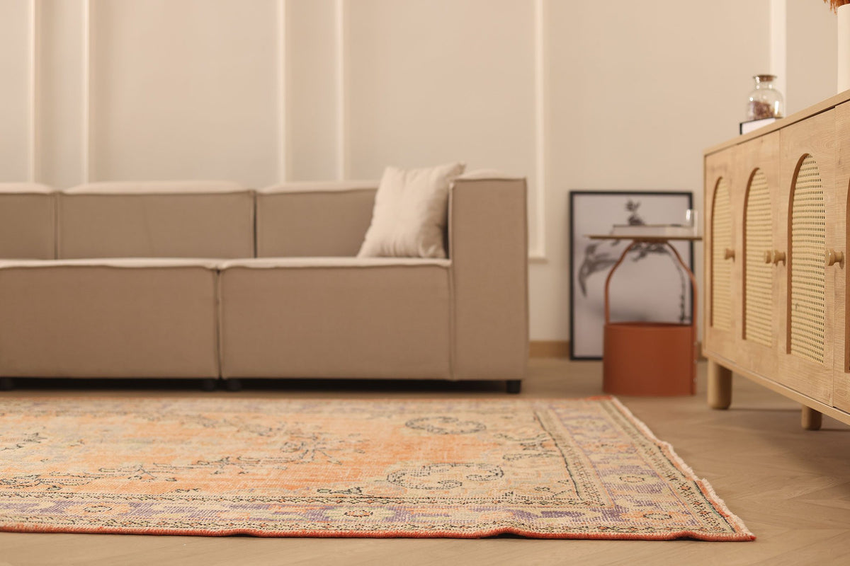 Vintage Manisa Turkish Area Rug 6x10 ft — Orange & Beige Floral
