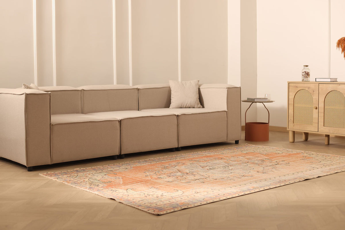 Vintage Manisa Turkish Area Rug 6x9 ft — Orange & Beige Floral