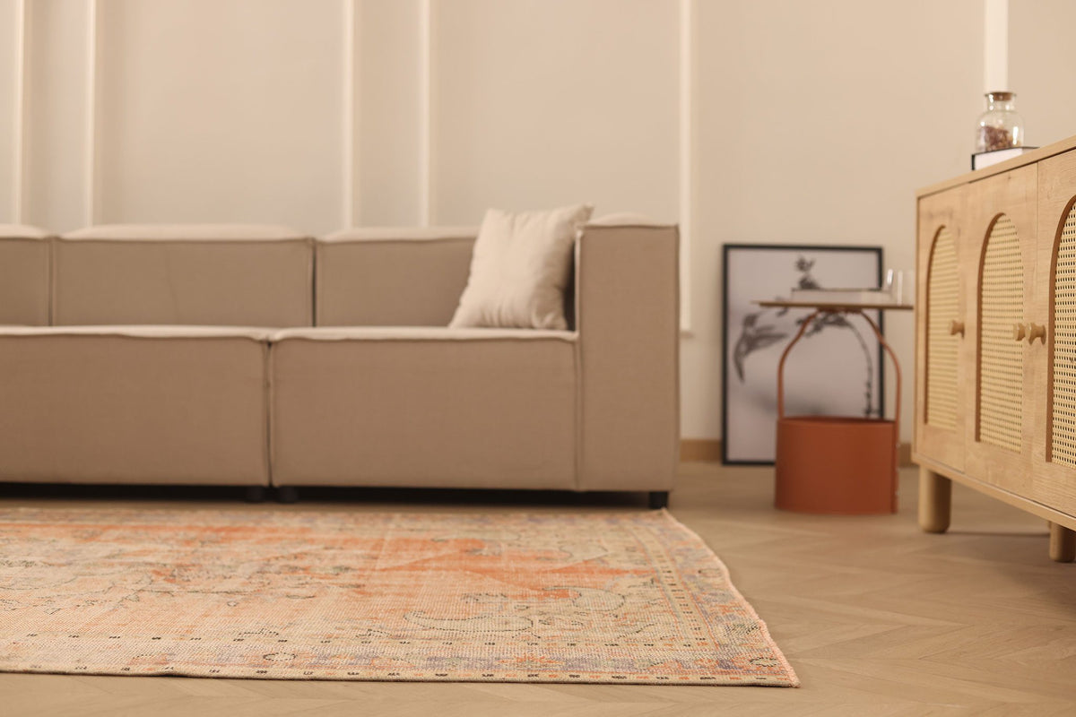 Vintage Manisa Turkish Area Rug 6x9 ft — Orange & Beige Floral