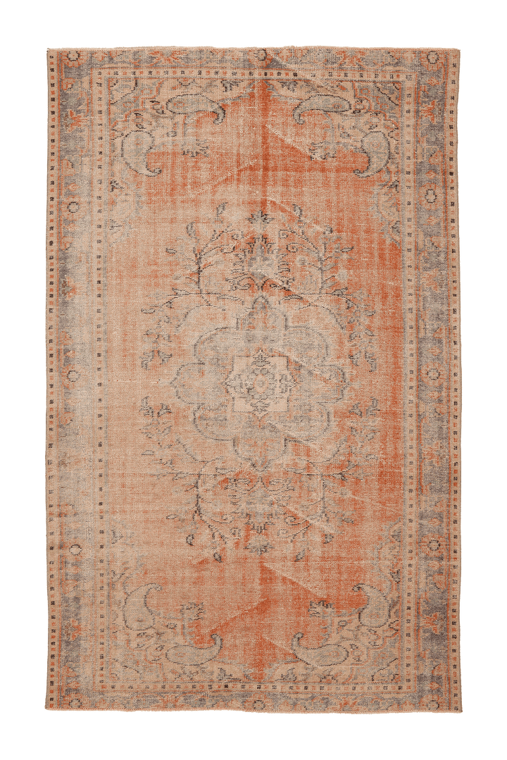 Vintage Manisa Turkish Area Rug 6x9 ft — Orange & Beige Floral