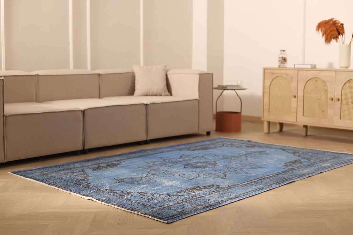 Vintage Isparta Turkish Area Rug 6x8 ft — Blue & Gray Overdyed