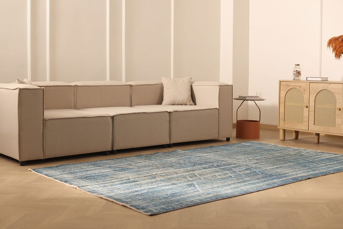 Vintage Manisa Turkish Area Rug 6x9 ft — Blue & Gray Overdyed