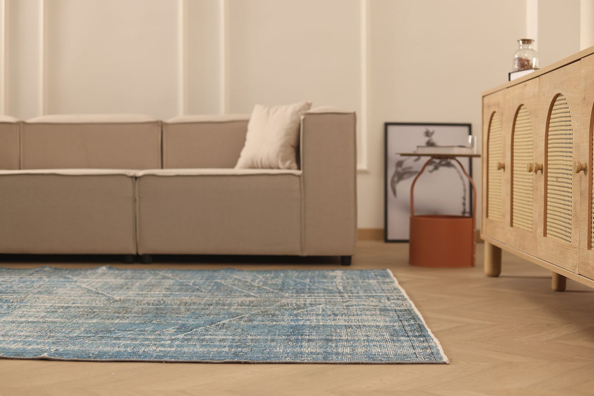 Vintage Manisa Turkish Area Rug 6x9 ft — Blue & Gray Overdyed