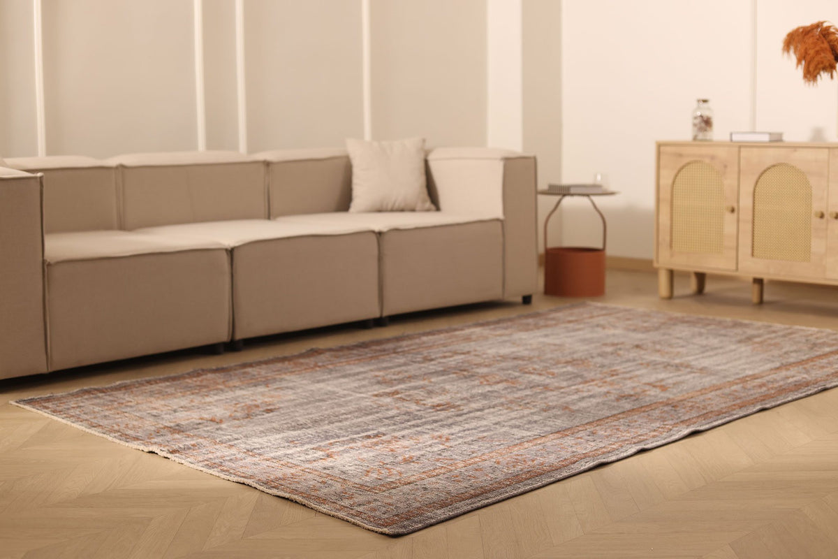 Vintage Manisa Turkish Area Rug 6x9 ft — Gray & Orange Floral