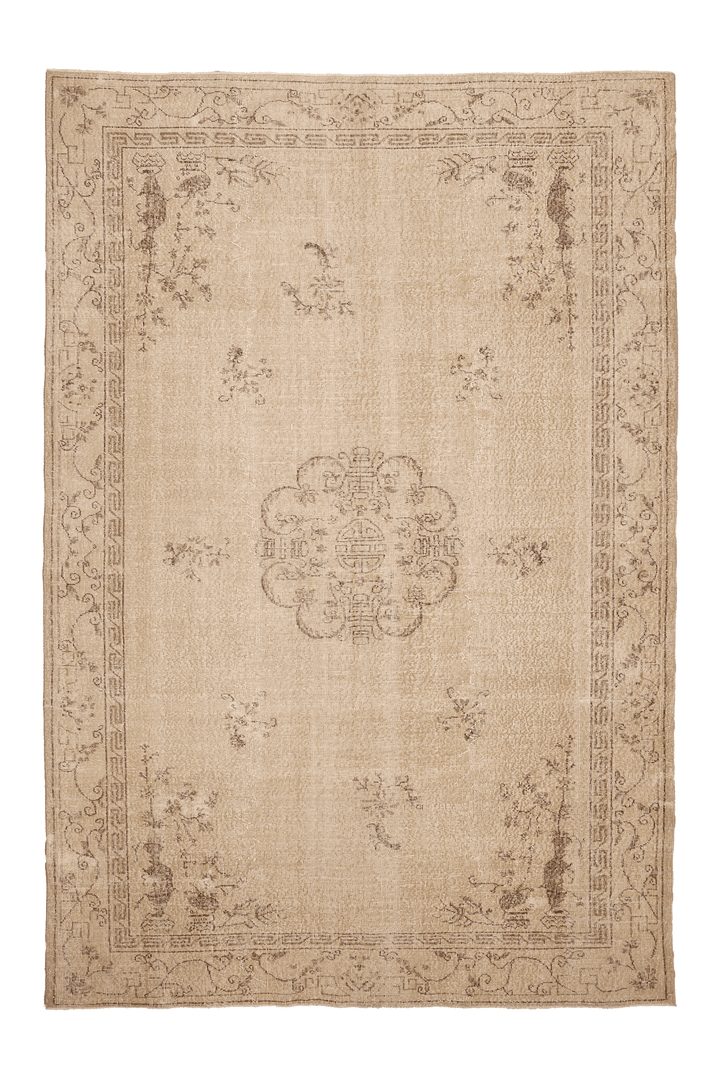 Vintage Isparta Turkish Area Rug 7x10 ft — Beige & Brown Floral