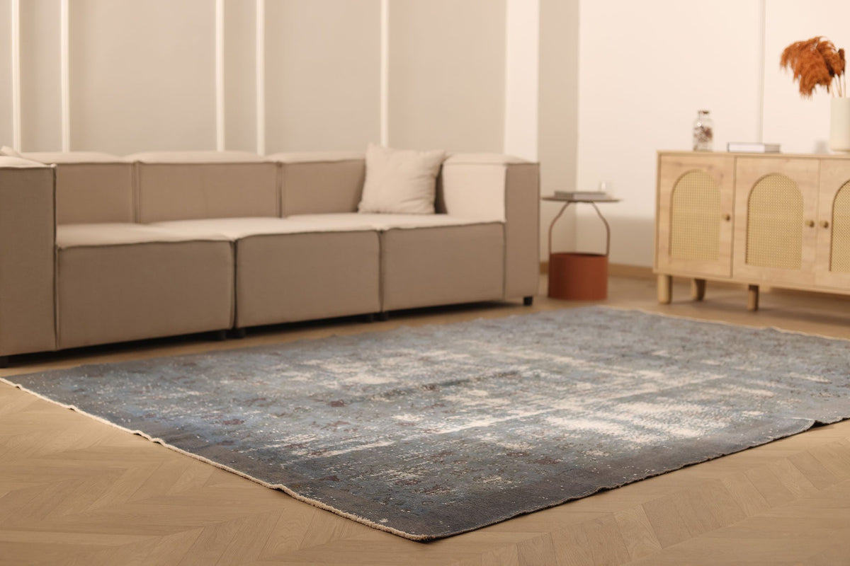 Vintage Isparta Turkish Area Rug 7x10 ft — Gray & Blue Overdyed