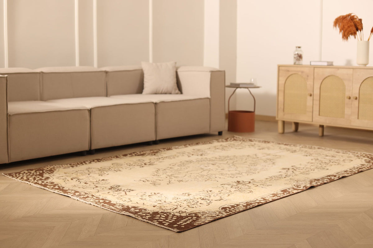 Vintage Isparta Turkish Area Rug 6x9 ft — Beige & Brown Floral