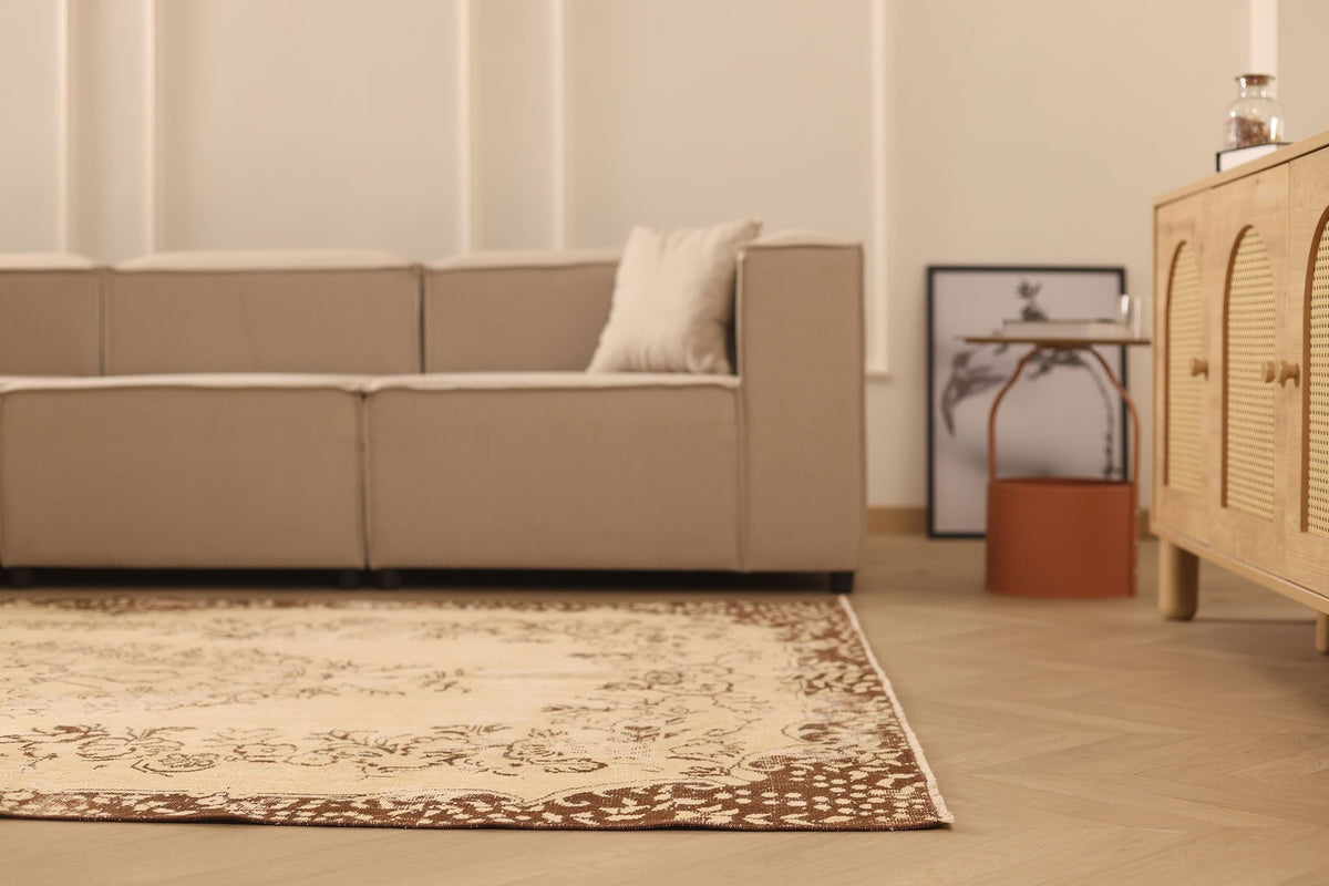 Vintage Isparta Turkish Area Rug 6x9 ft — Beige & Brown Floral