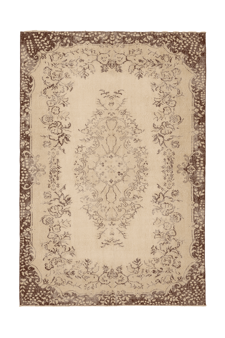 Vintage Isparta Turkish Area Rug 6x9 ft — Beige & Brown Floral