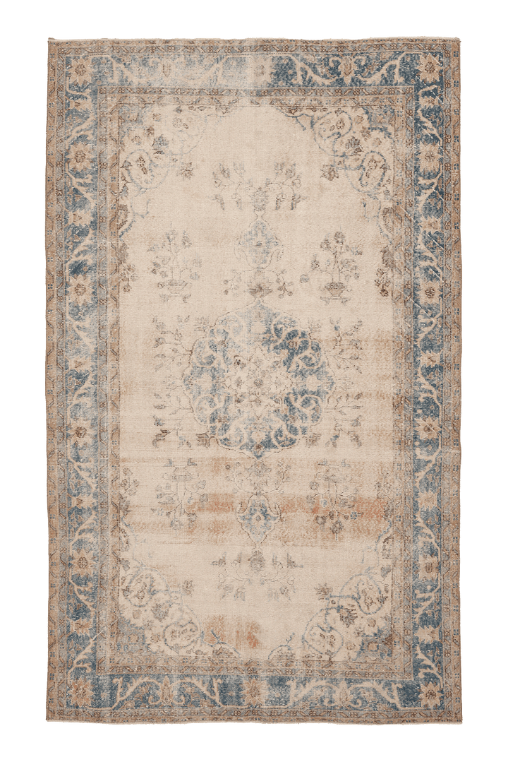 Vintage Isparta Turkish Area Rug 6x10 ft — Beige & Blue Floral