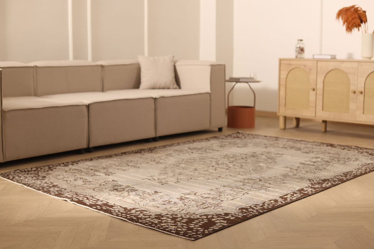 Vintage Isparta Turkish Area Rug 6x9 ft — Gray & Brown Floral