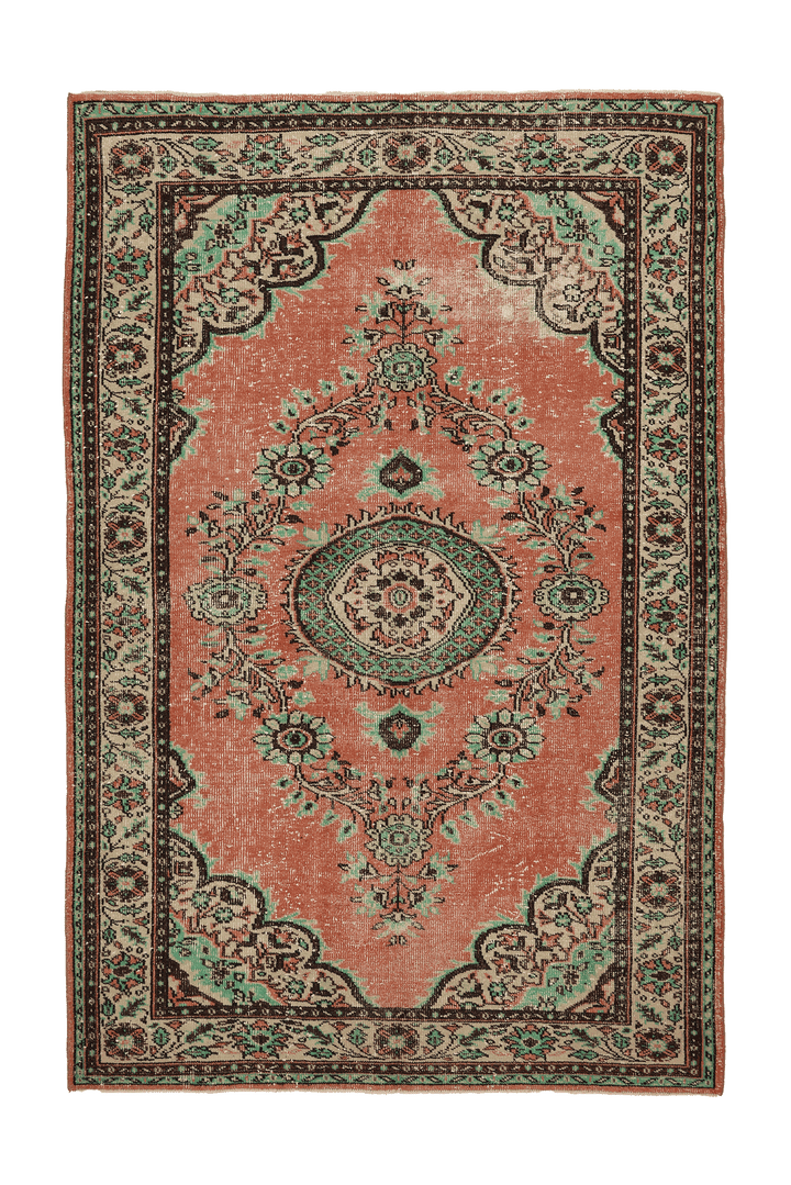 Vintage Isparta Turkish Area Rug 6x10 ft — Red & Green Floral