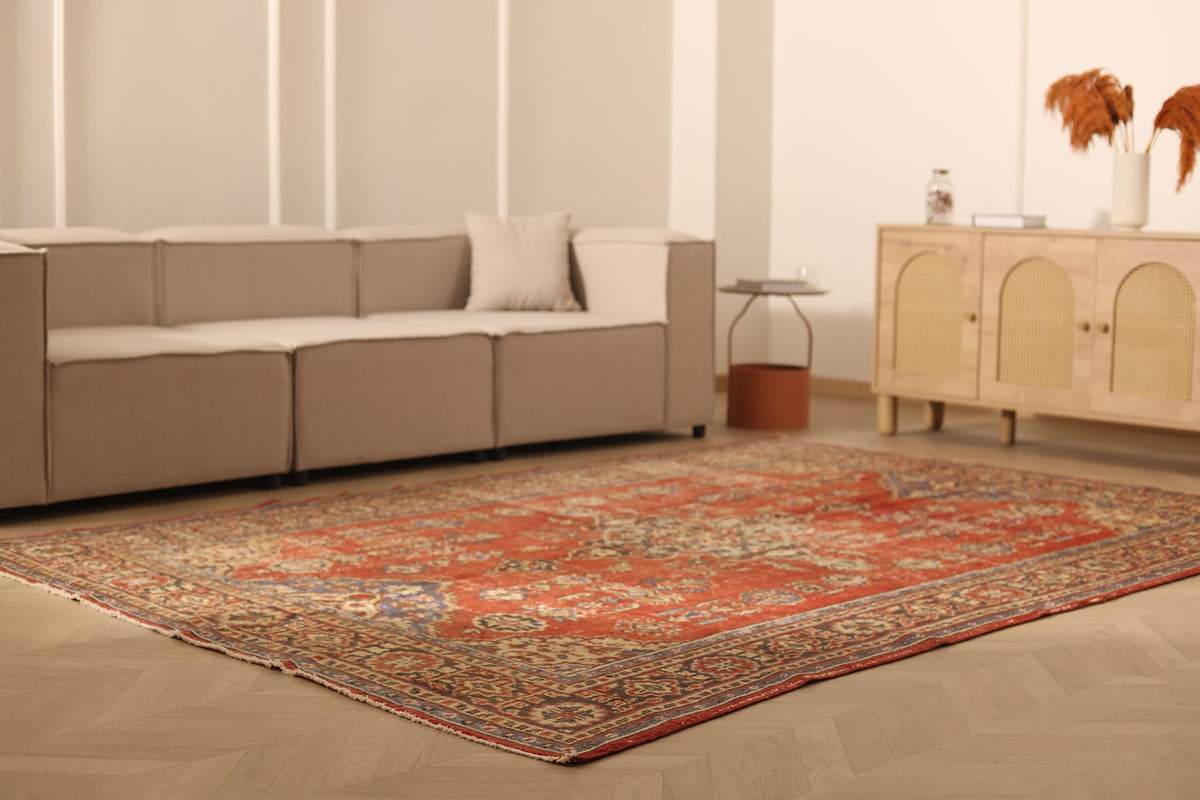 Vintage Isparta Turkish Area Rug 7x10 ft — Red & Beige Floral