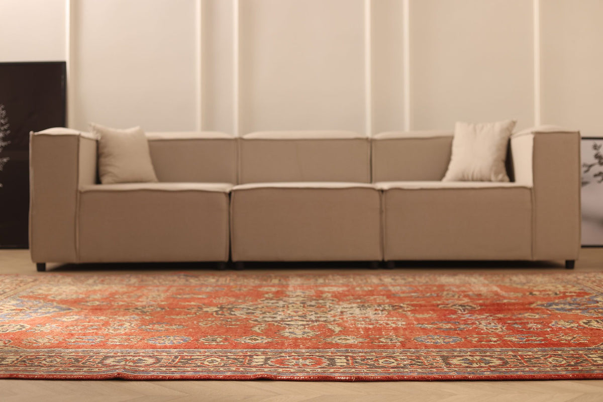 Vintage Isparta Turkish Area Rug 7x10 ft — Red & Beige Floral