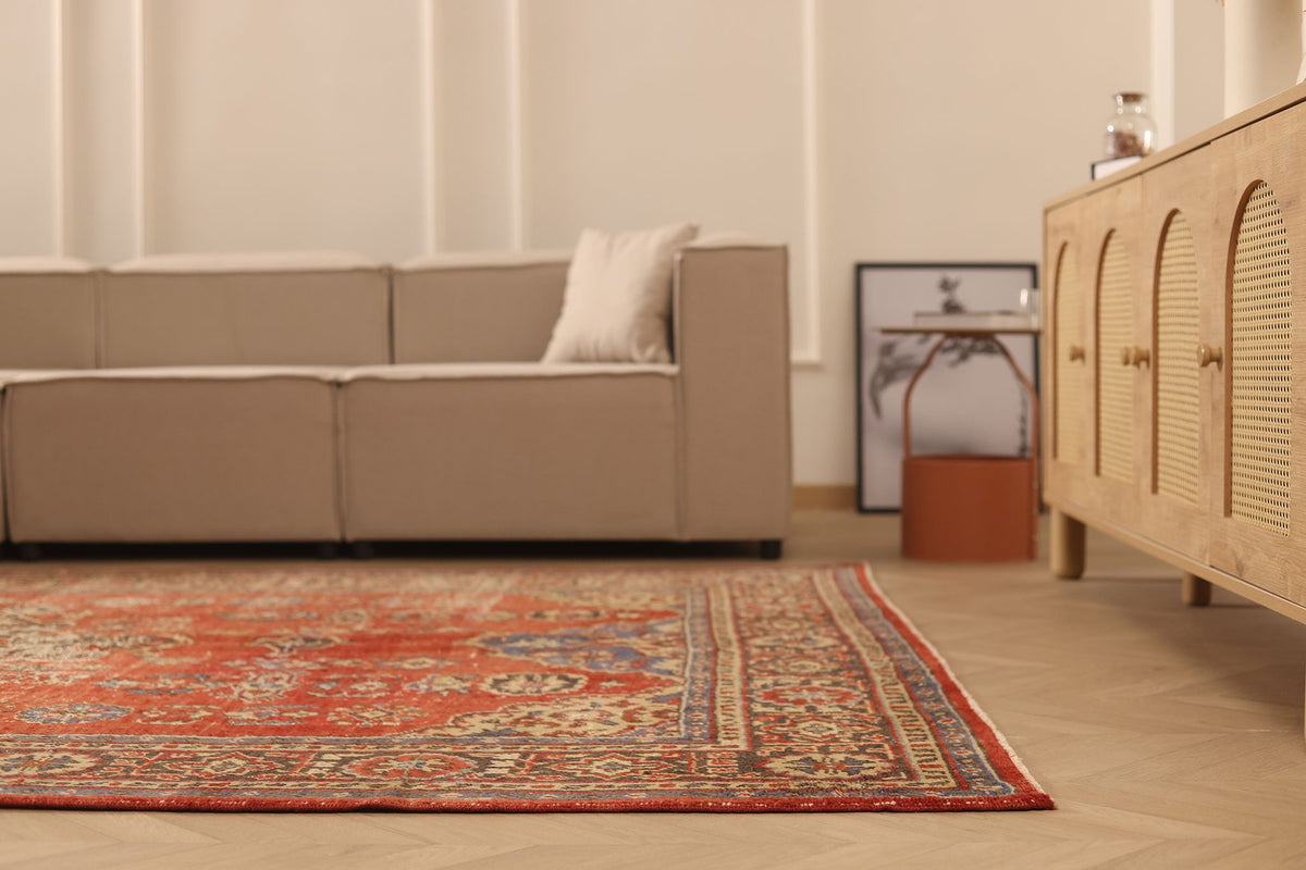 Vintage Isparta Turkish Area Rug 7x10 ft — Red & Beige Floral