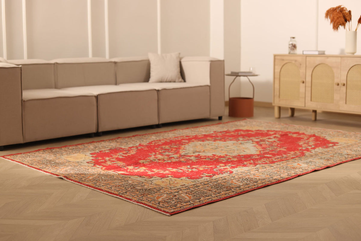 Vintage Isparta Turkish Area Rug 7x10 ft — Red & Beige Floral