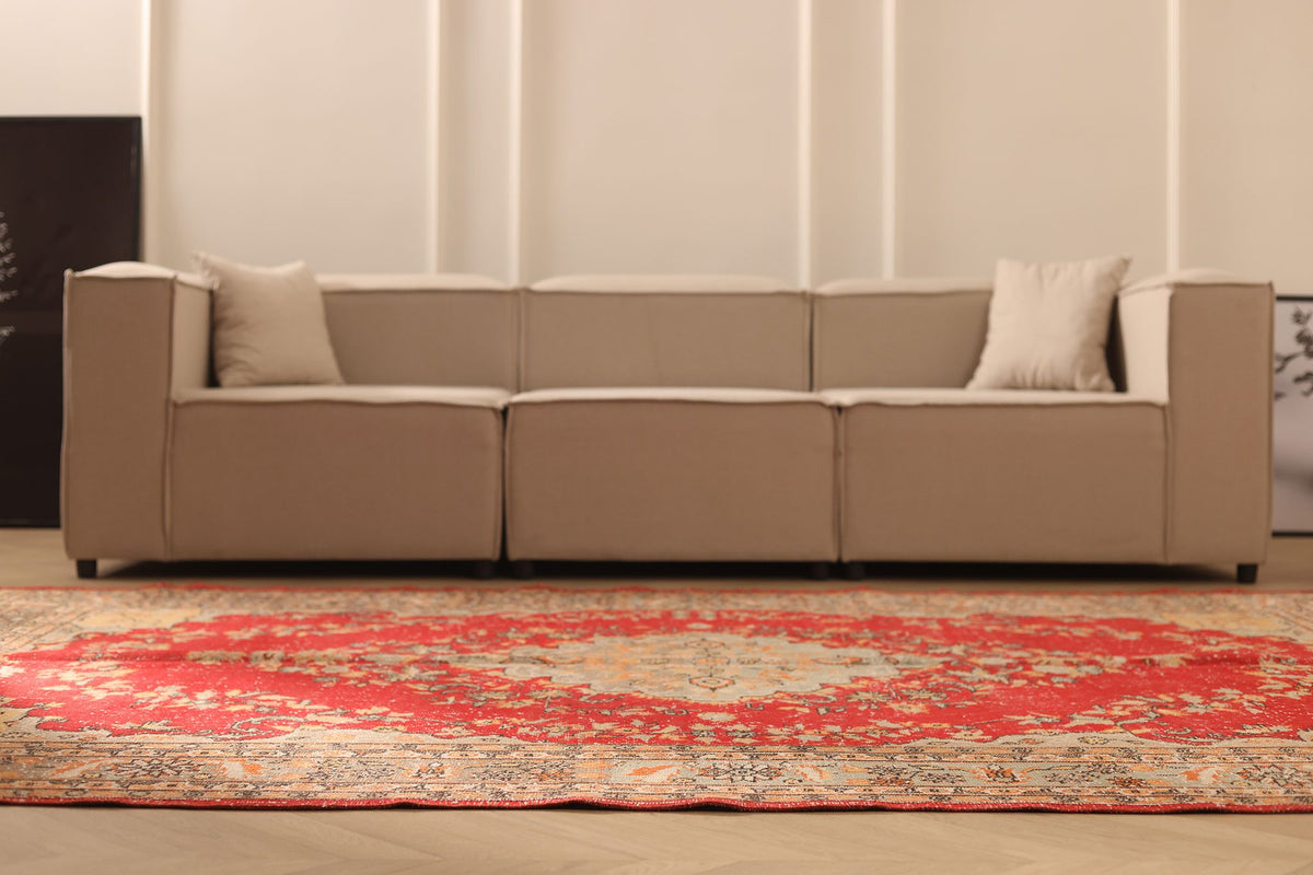 Vintage Isparta Turkish Area Rug 7x10 ft — Red & Beige Floral