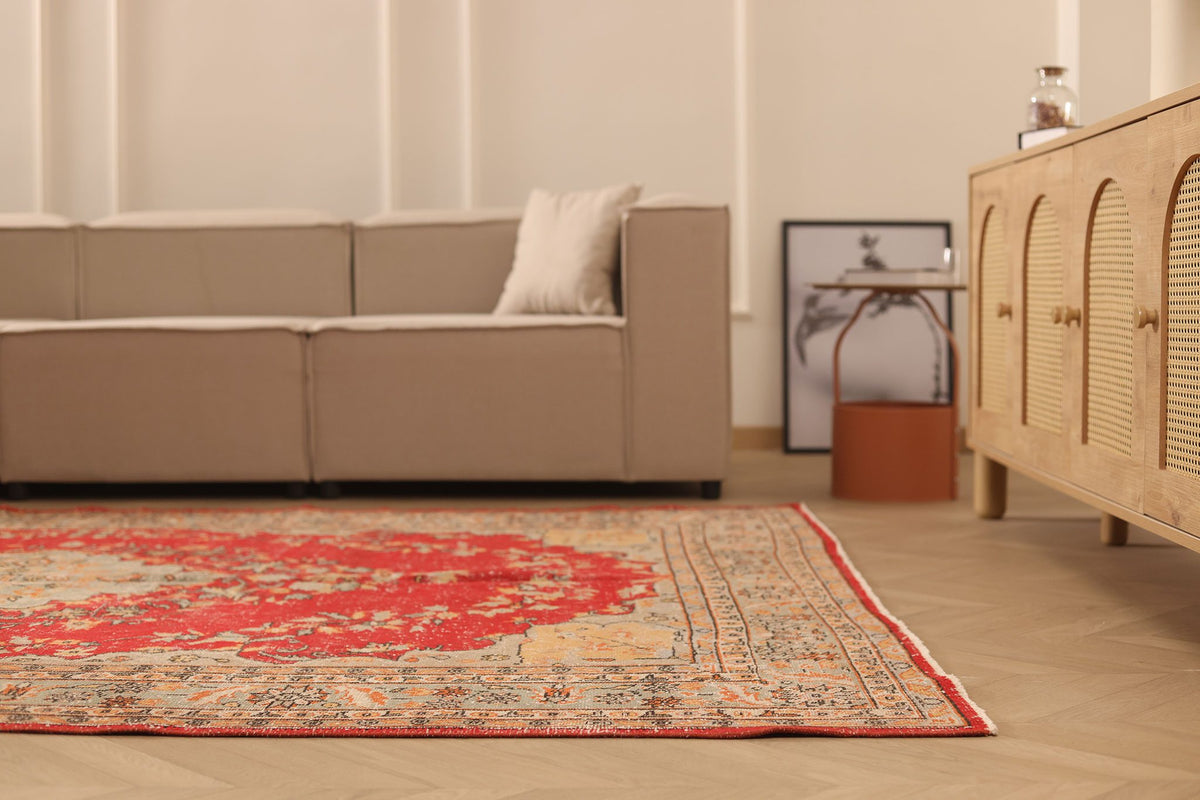 Vintage Isparta Turkish Area Rug 7x10 ft — Red & Beige Floral