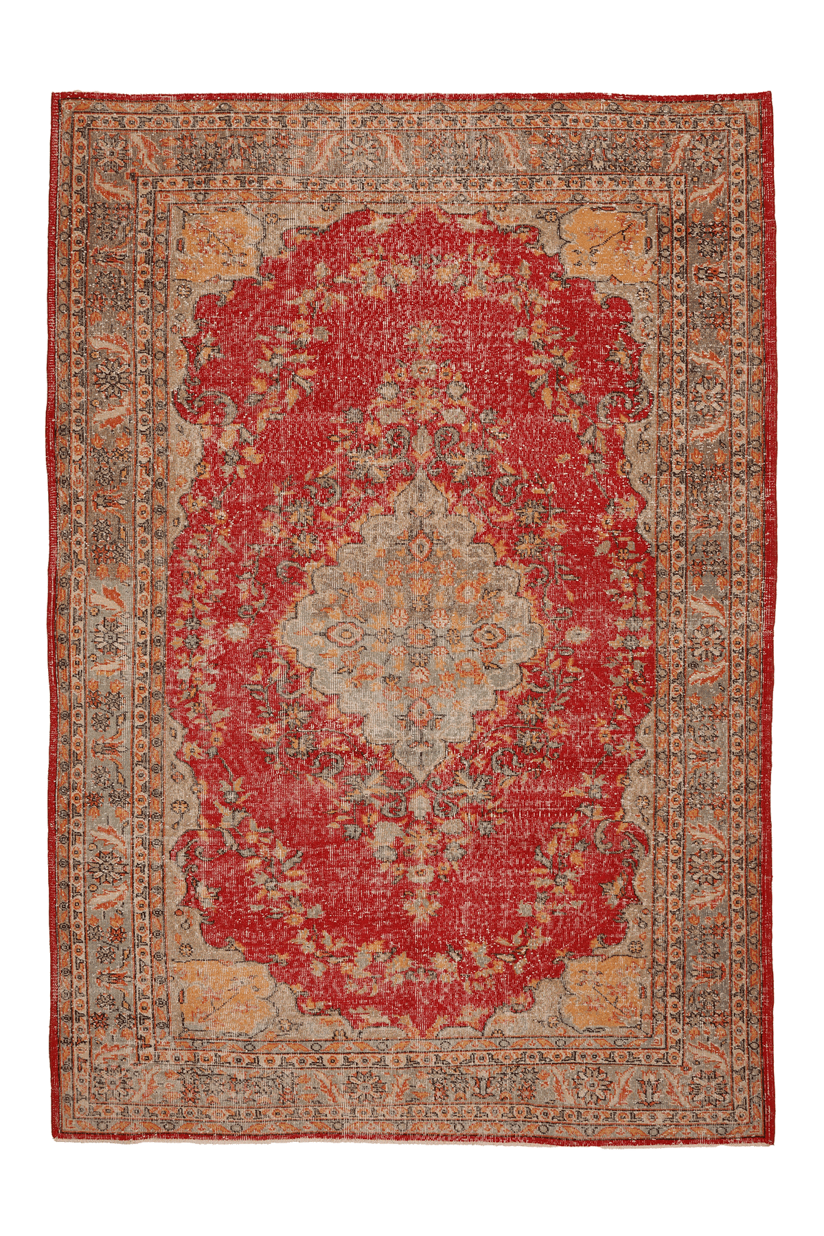 Vintage Isparta Turkish Area Rug 7x10 ft — Red & Beige Floral