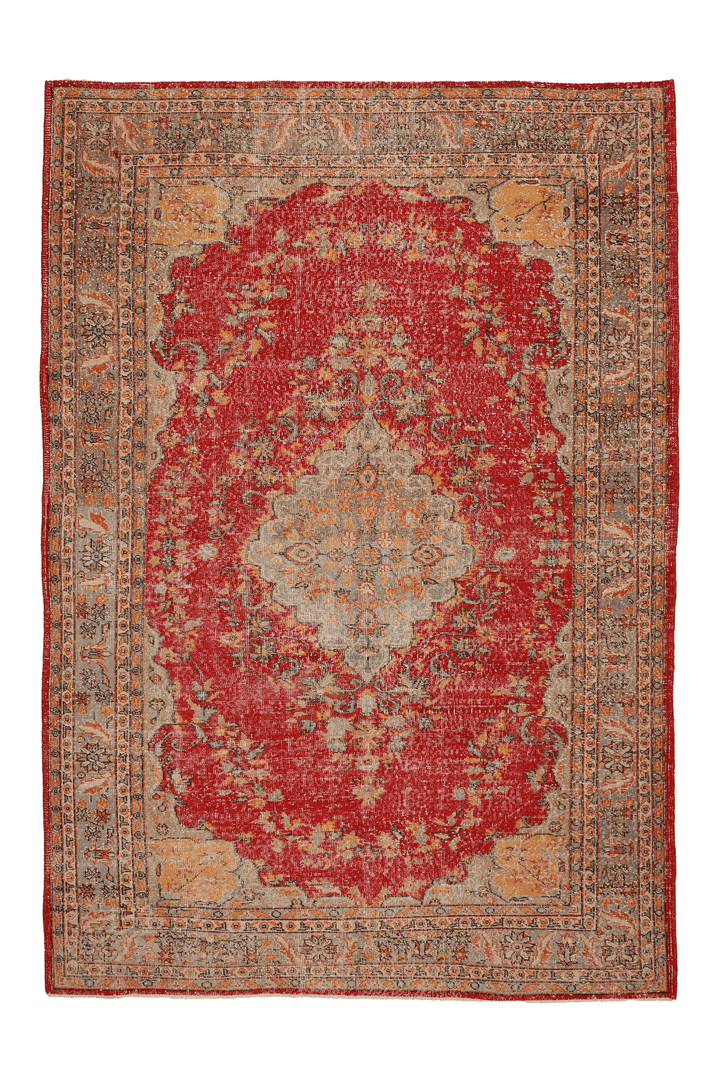 Vintage Isparta Turkish Area Rug 7x10 ft — Red & Beige Floral