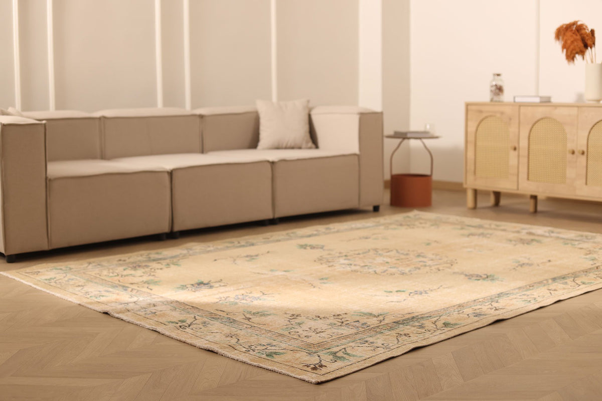 Vintage Isparta Turkish Area Rug 7x10 ft — Beige & Brown Floral