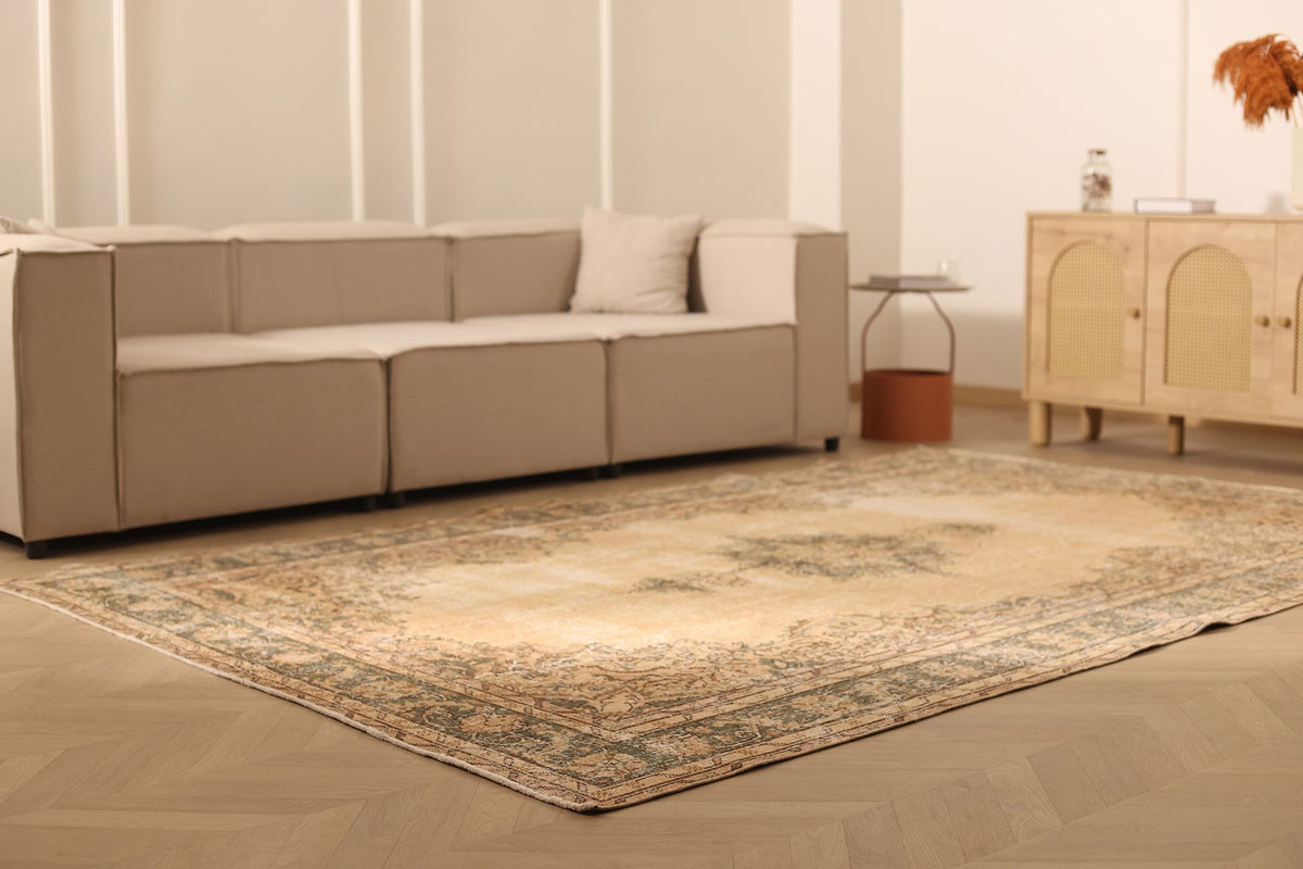 Vintage Isparta Turkish Area Rug 7x10 ft — Beige & Brown Floral
