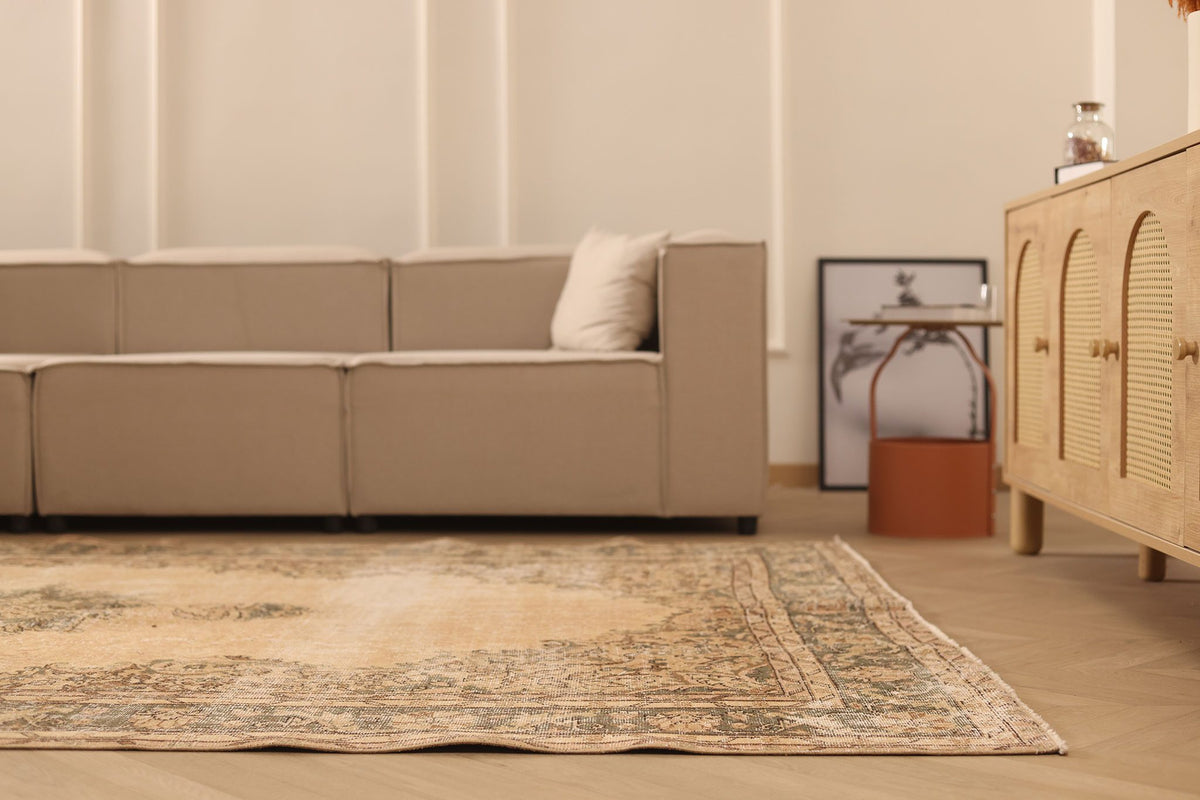 Vintage Isparta Turkish Area Rug 7x10 ft — Beige & Brown Floral