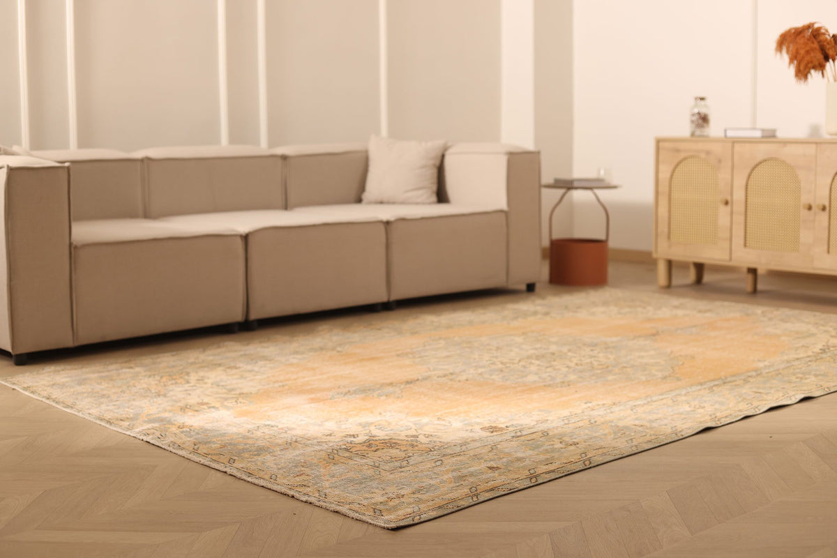 Vintage Isparta Turkish Area Rug 7x10 ft — Orange & Beige Floral