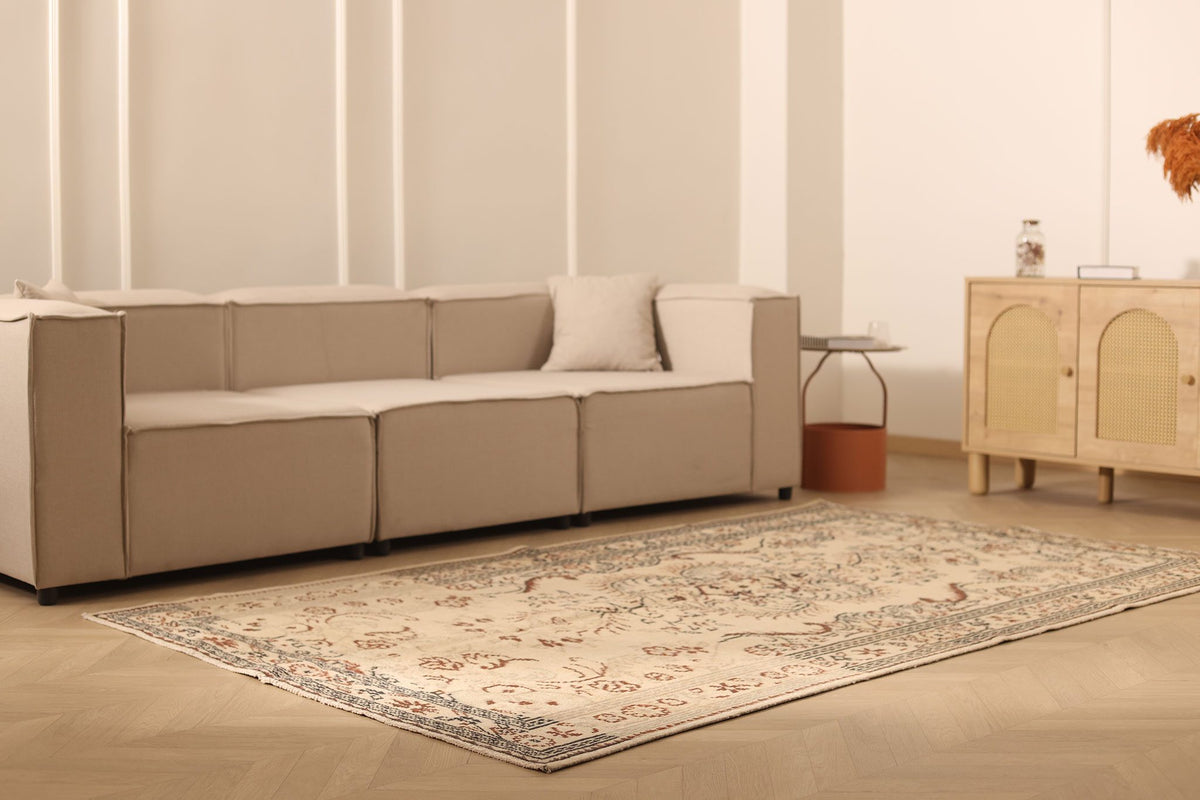 Vintage Manisa Turkish Area Rug 5x9 ft — Beige & Brown Floral