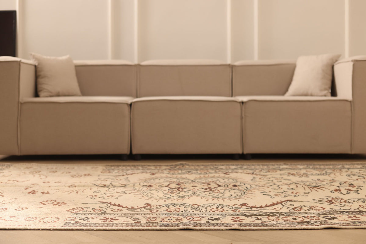 Vintage Manisa Turkish Area Rug 5x9 ft — Beige & Brown Floral