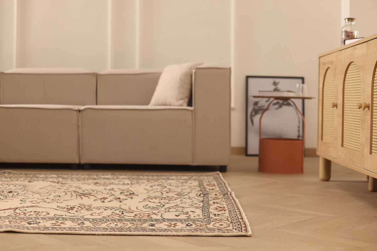Vintage Manisa Turkish Area Rug 5x9 ft — Beige & Brown Floral