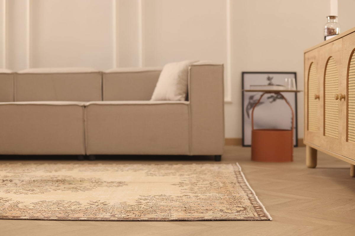 Vintage Isparta Turkish Area Rug 6x9 ft — Beige & Brown Floral