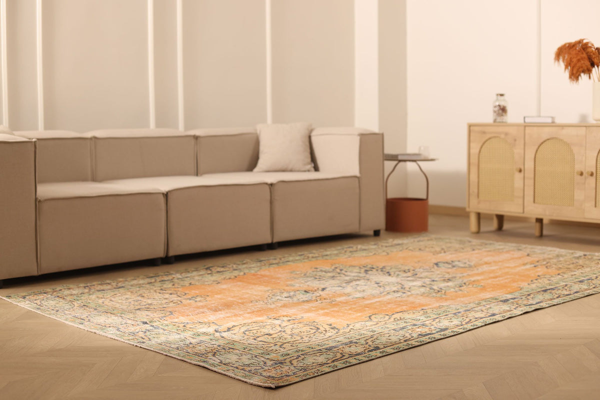 Vintage Manisa Turkish Area Rug 6x10 ft — Orange & Green Floral